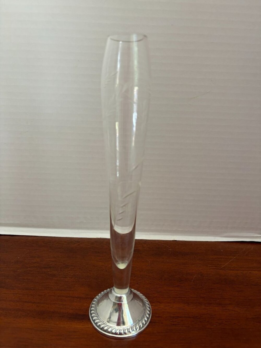 Vintage Duchin Creation Etched Glass Bud Vase Featuring a Weighted Sterling Silv
